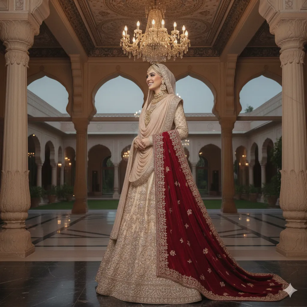 Double dupatta champagne and red for Muslim wedding.