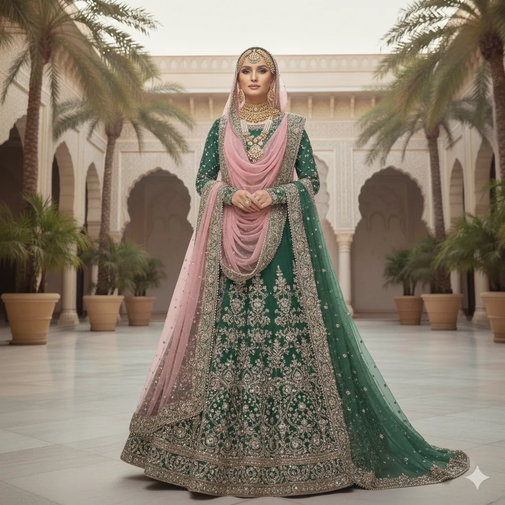 Pink and green Muslim bride with double dupattas