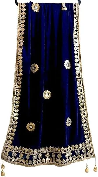 Blue Velvet Dupatta with elegant patterns and designs for hijabi bridal outfits.