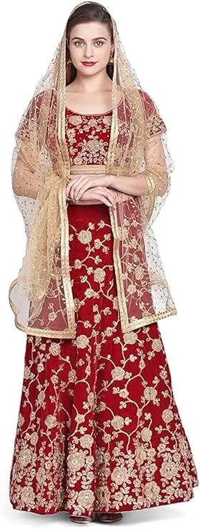 Luxurious Gold Bridal Dupatta with intricate embroidery, styled for a Muslim wedding lehenga.