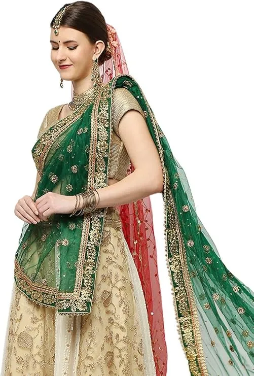 Green Net Dupatta with intricate patterns and designs for bridal styling inspiration.