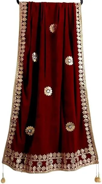 Maroon Velvet Dupatta with gold patterns and designs for bridal wearing styles.