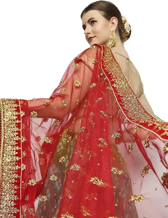 Red Net Dupatta with gold patterns and designs, ideal for hijabi bridal wearing styles.