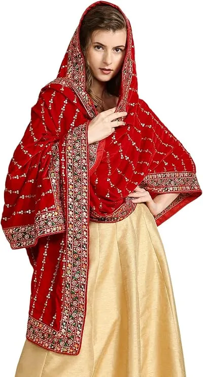 Red Velvet Dupatta from Amazon with intricate patterns and designs, draped elegantly over a bridal lehenga.
