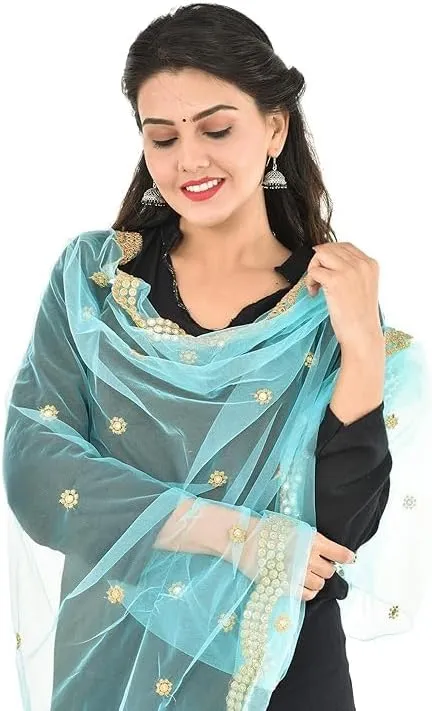 Sky Blue Dupatta with gold patterns and designs, ideal for hijabi bridal wearing styles.