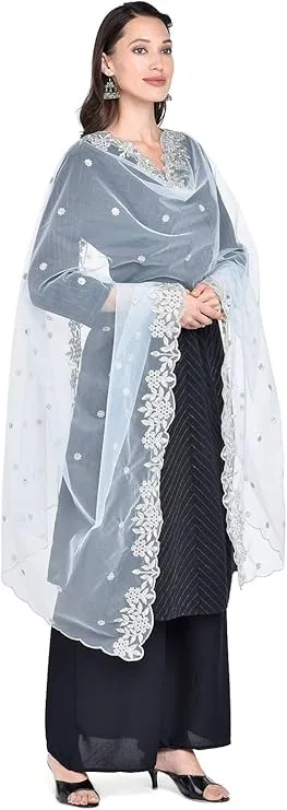 White Net Dupatta with silver patterns and designs for bridal wearing styles.