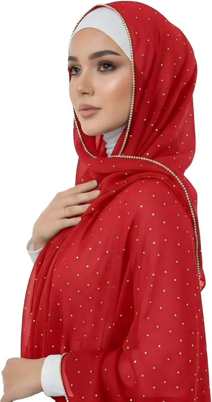 Red chiffon hijab with gold specks and a beaded border.