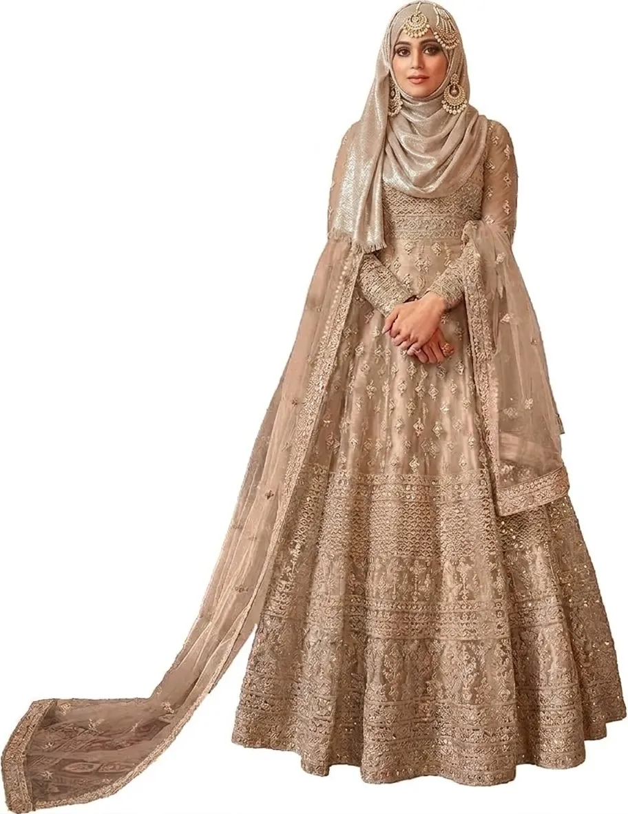 Visualize champagne Muslim wedding dressses with hijab with AI-inspiration - allover matching embroidery and small sequins over butterfly net overlay — lightweight modern modesty for nikkah