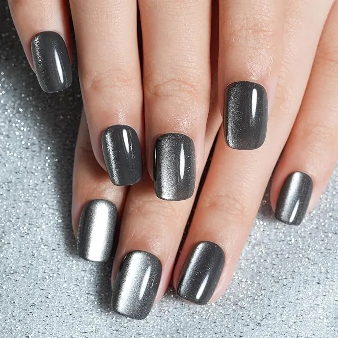 Silver Cat Eye Hijabi Nails in Volcano Gray, showcasing a stunning shimmer and elegant design, ideal for modest brides seeking prayer-friendly materials.
