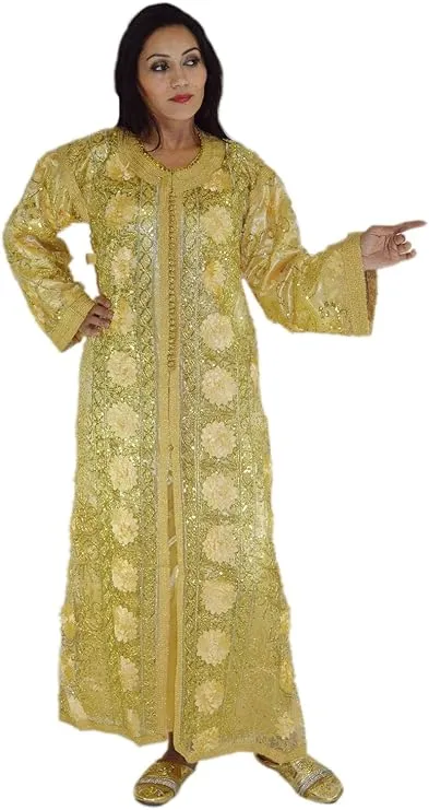 Bridal caftan for a wedding ceremony featuring shiny fabric and embroidery for every size for a bride.