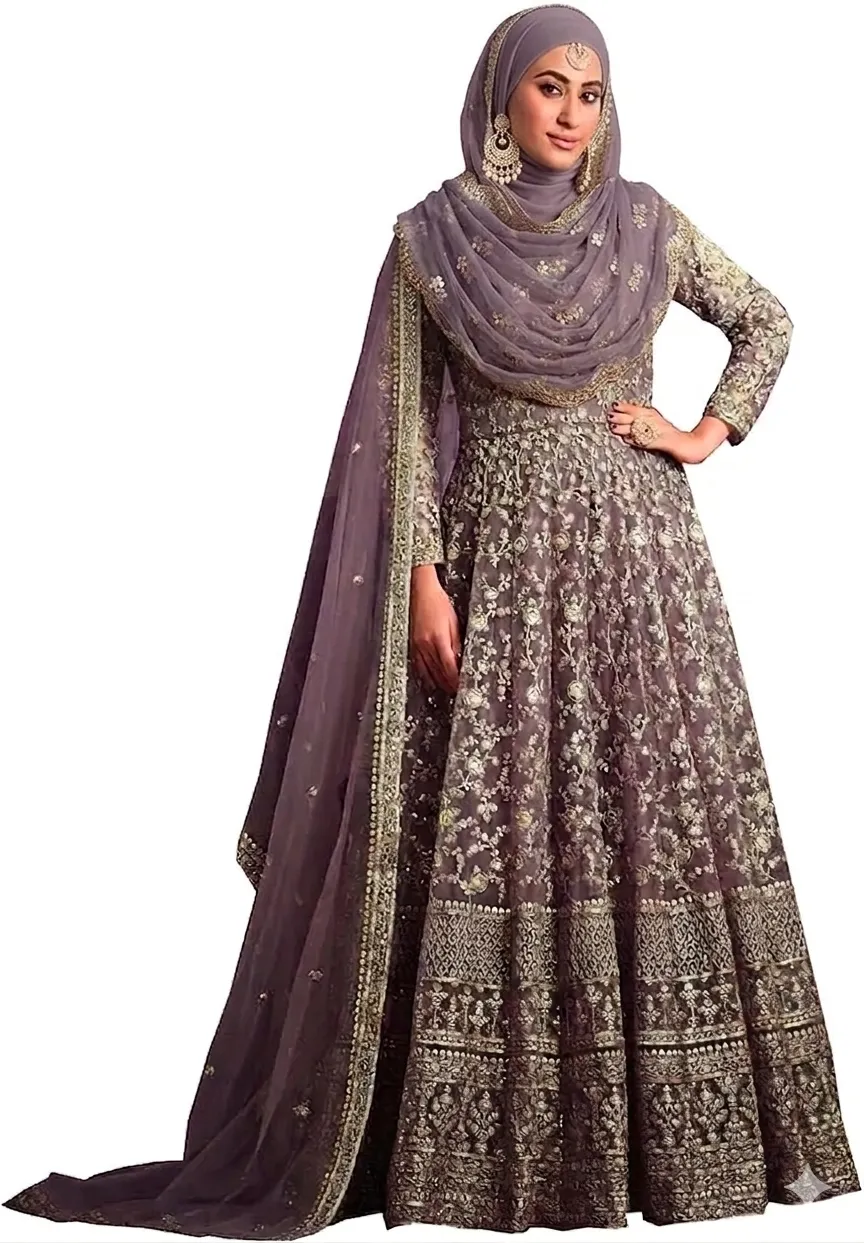 Imagine our Lavender Muslim wedding dress with hijab using AI- silver allover embroidery on net overlay with matching silver dupatta and hijab — trending color Islamic bridal gown for nikkah