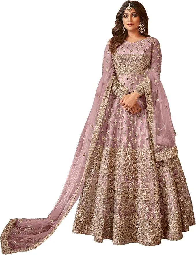 Lilac Muslim bridal dress in satin with butterfly net overlay in heavy gold embroidery and small sequins — modest dress in trending color for nikkah.