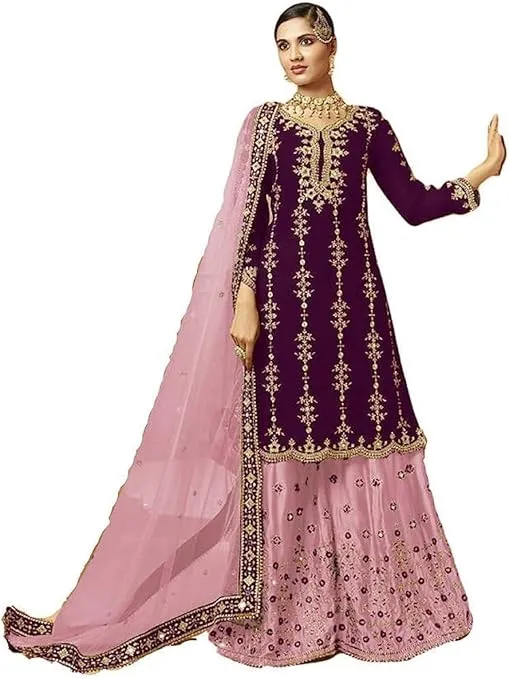 This lilac sharara showcases luxurious georgette fabric with intricate metallic embroidery and matching net dupatta, perfect for a bridal occasion.