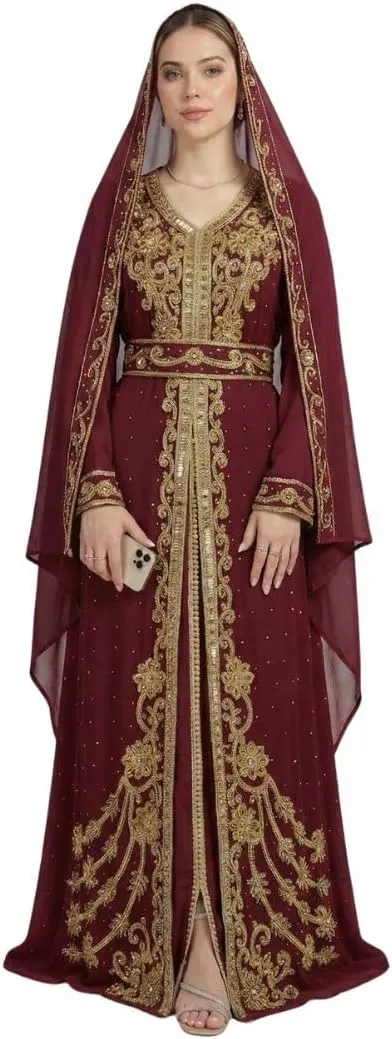 Maroon Moroccan Bridal Caftan - Red Traditional