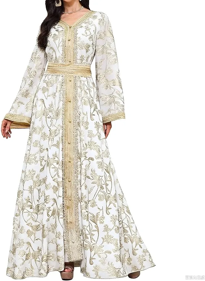 White and Gold Moroccan Bridal Caftan - White Modern