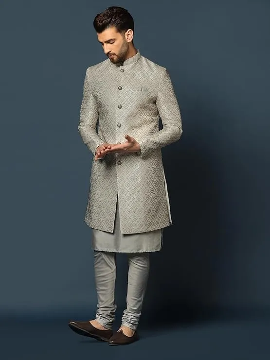 Sophisticated grooms outfit for Muslims featuring a gunmetal sherwani for a traditional Muslim wedding.