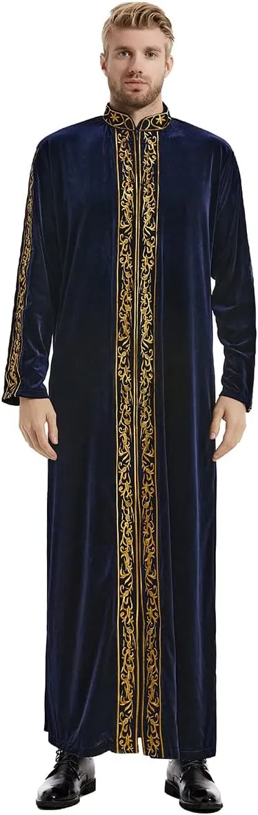 Blue Islamic nikah dress for groom featuring luxurious velvet fabric and intricate gold design for a Muslim wedding.