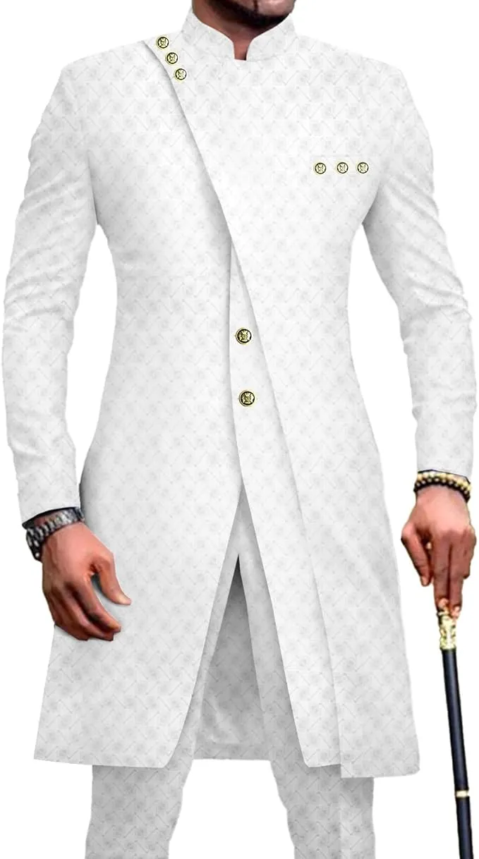 Military style white sherwani traditional attire for a Muslim wedding groom.