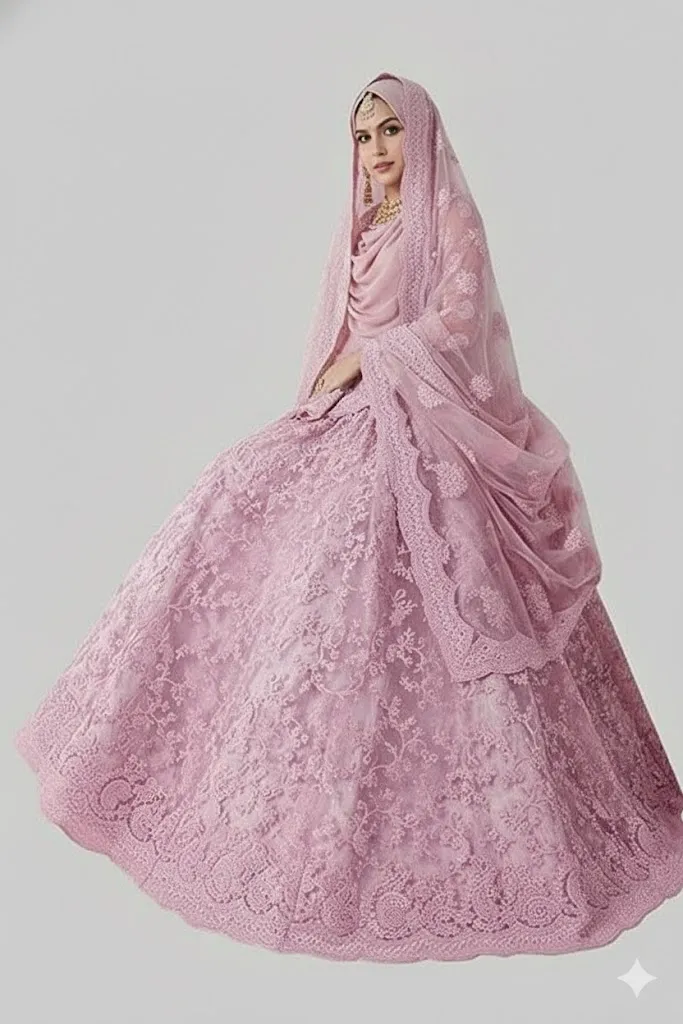 Baby Pink Bridal Muslim Lehenga - Pink Modern