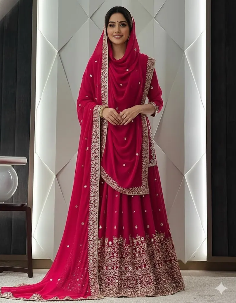 This readymade fuschia Muslim lehenga showcases luxurious georgette fabric with intricate embroidery and sequins, perfect for a bridal occasion.