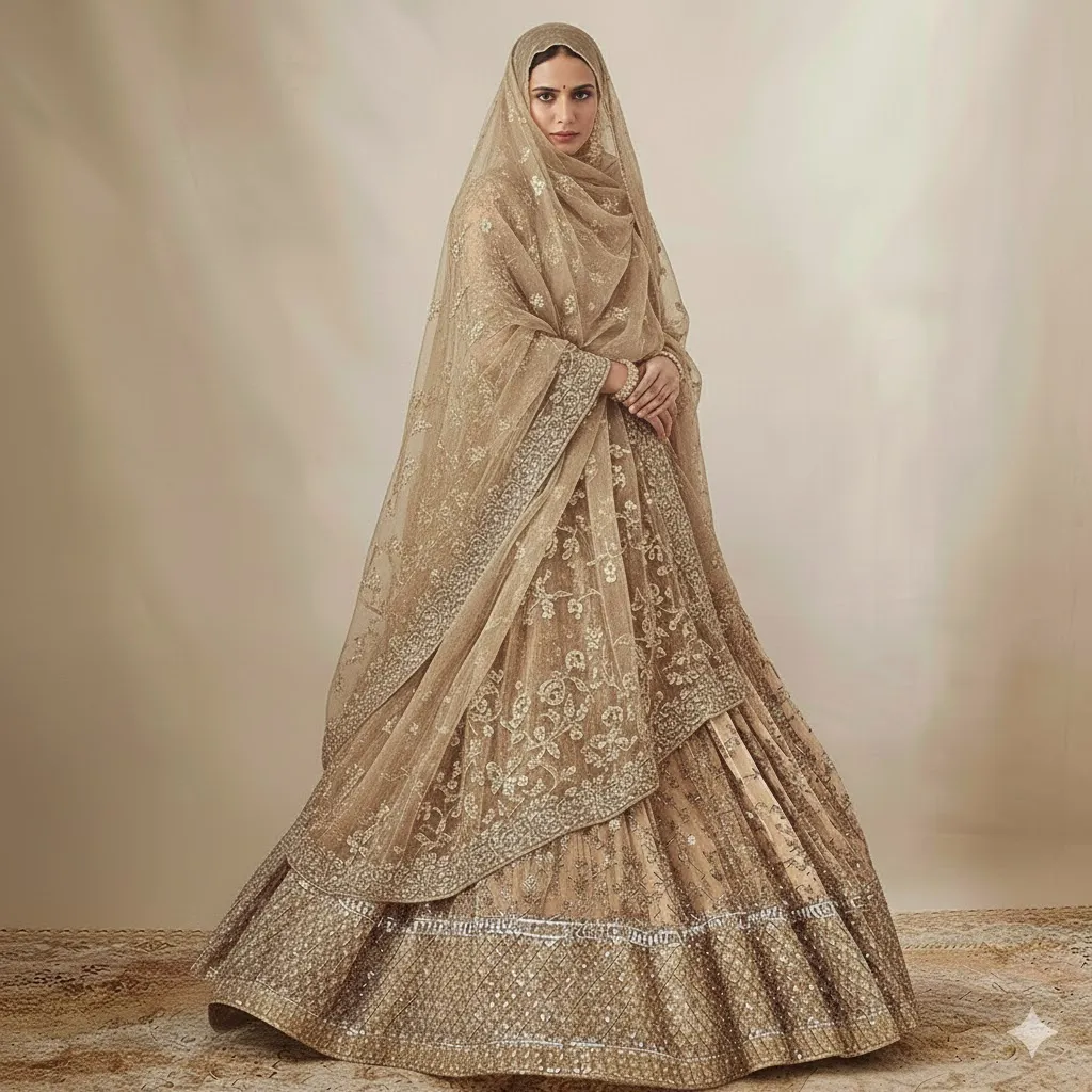 Gold hijabi lehenga for a Muslim bride