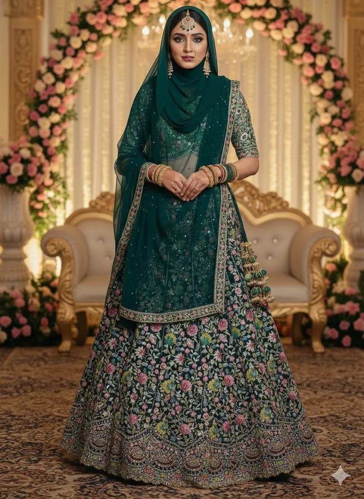Green Muslim Bridal Lehenga