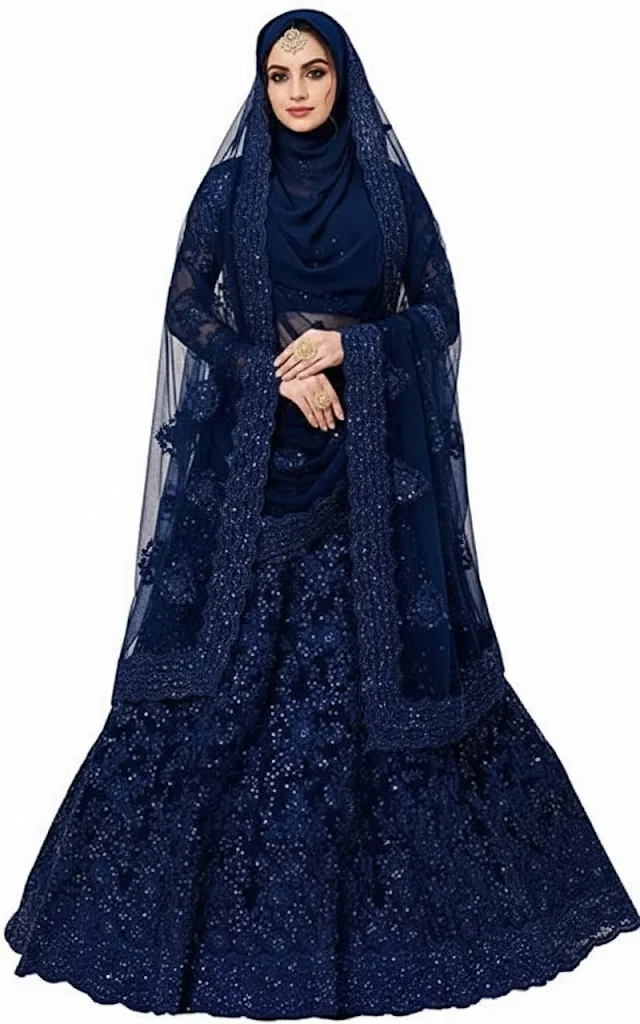 Muslim Lehenga in Navy Blue - Blue Modern