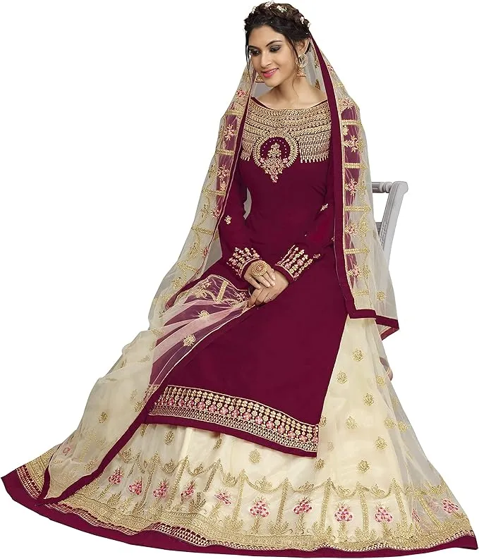 This Maroon Muslim lehenga features elegant georgette fabric with delicate embroidery, perfect for a bridal occasion.