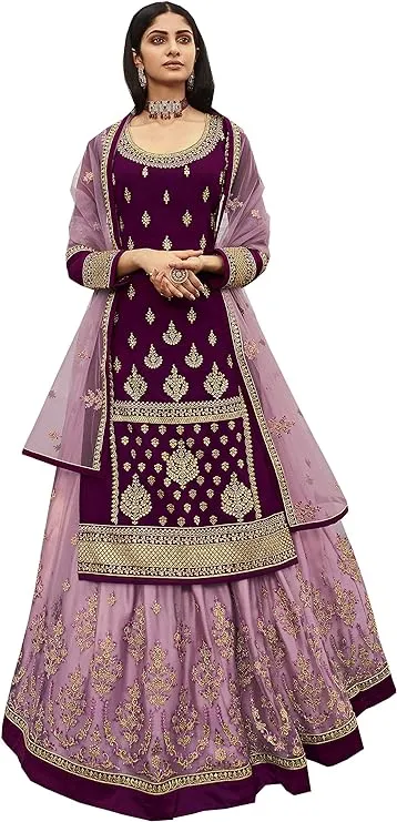 This readymade lilac Muslim lehenga showcases luxurious georgette fabric with intricate embroidery and sequins, perfect for a bridal occasion.