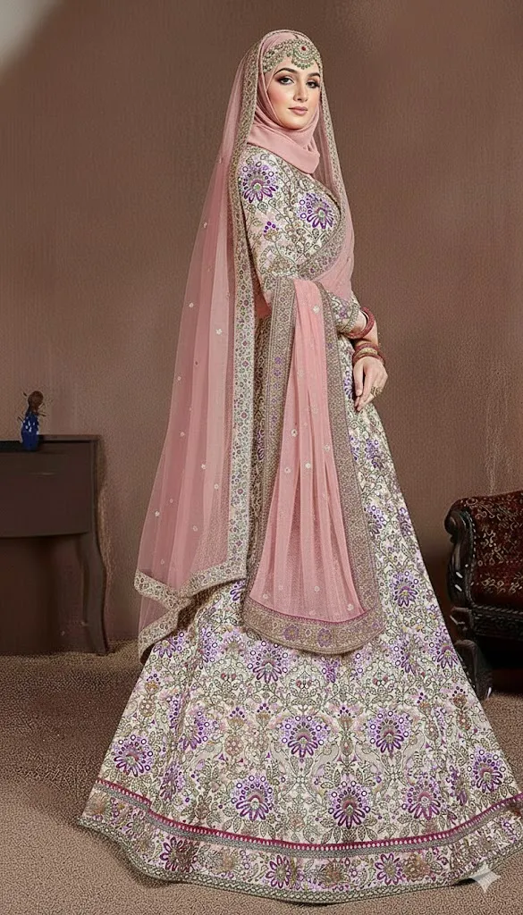 Pink Flower Muslim Bridal Lehenga - Pink Elegant