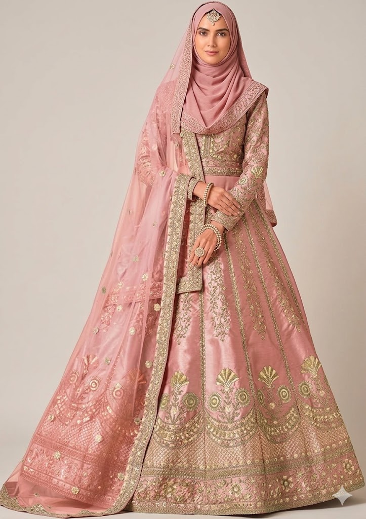 Pink Silver Muslim Bridal Lehenga - Pink Elegant