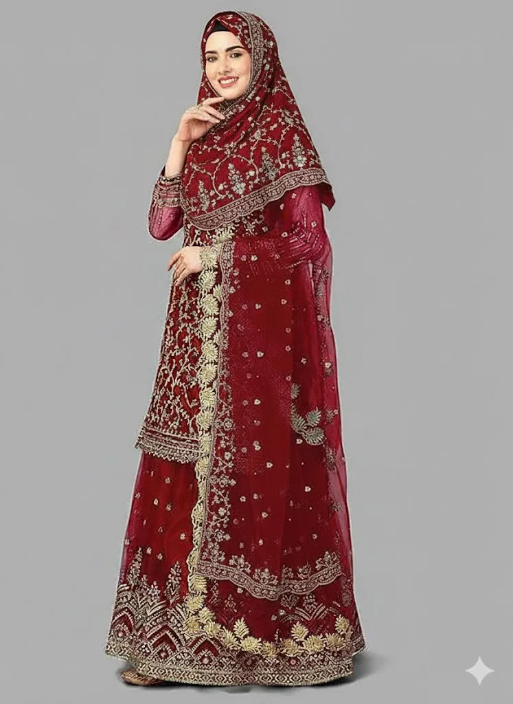 Readymade Maroon Muslim Lehenga - Red Traditional