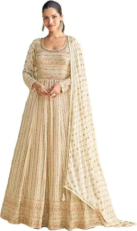 Muslim Wedding Dress Striped Off White - Embroidered