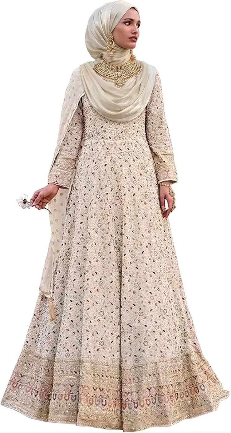 Off white Muslim wedding dresses with AI hijab and multicolor embroidery — modest Islamic nikah gown
