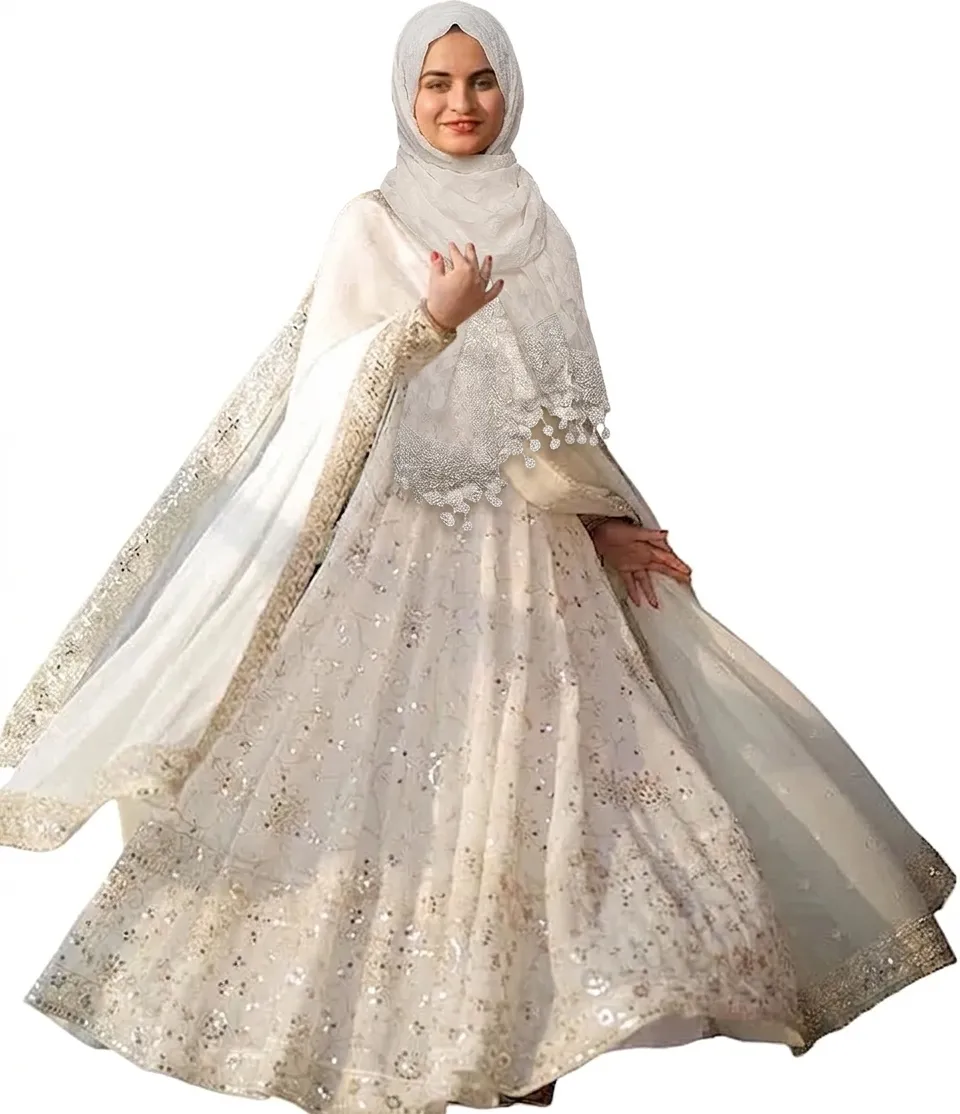 AI-inspiration of White Muslim wedding dress with hijab in georgette with sequins — original nikah gown on Amazon