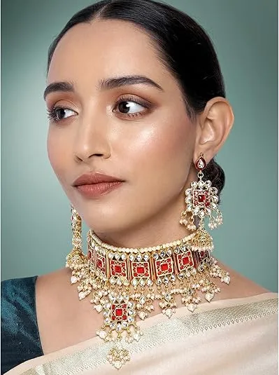 Covered Neck: Red Bridal Choker Set Nikkah Jewelry