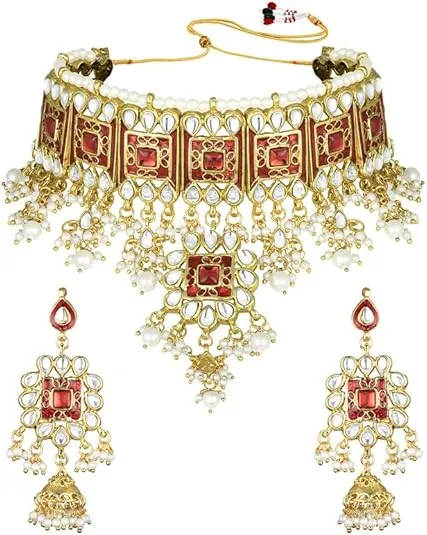 Covered Neck: Red Bridal Choker Set Nikkah Jewelry - Red Elegant