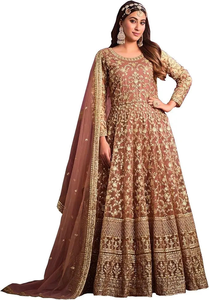 Peach Muslim bridal dress with net overlay and heavy ivory embroidery — modest bridal gown for nikah in beautiful pastel color.