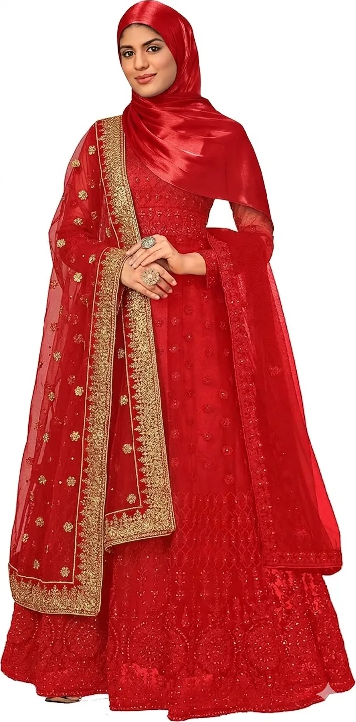 Red Muslim Wedding Dress with Hijab