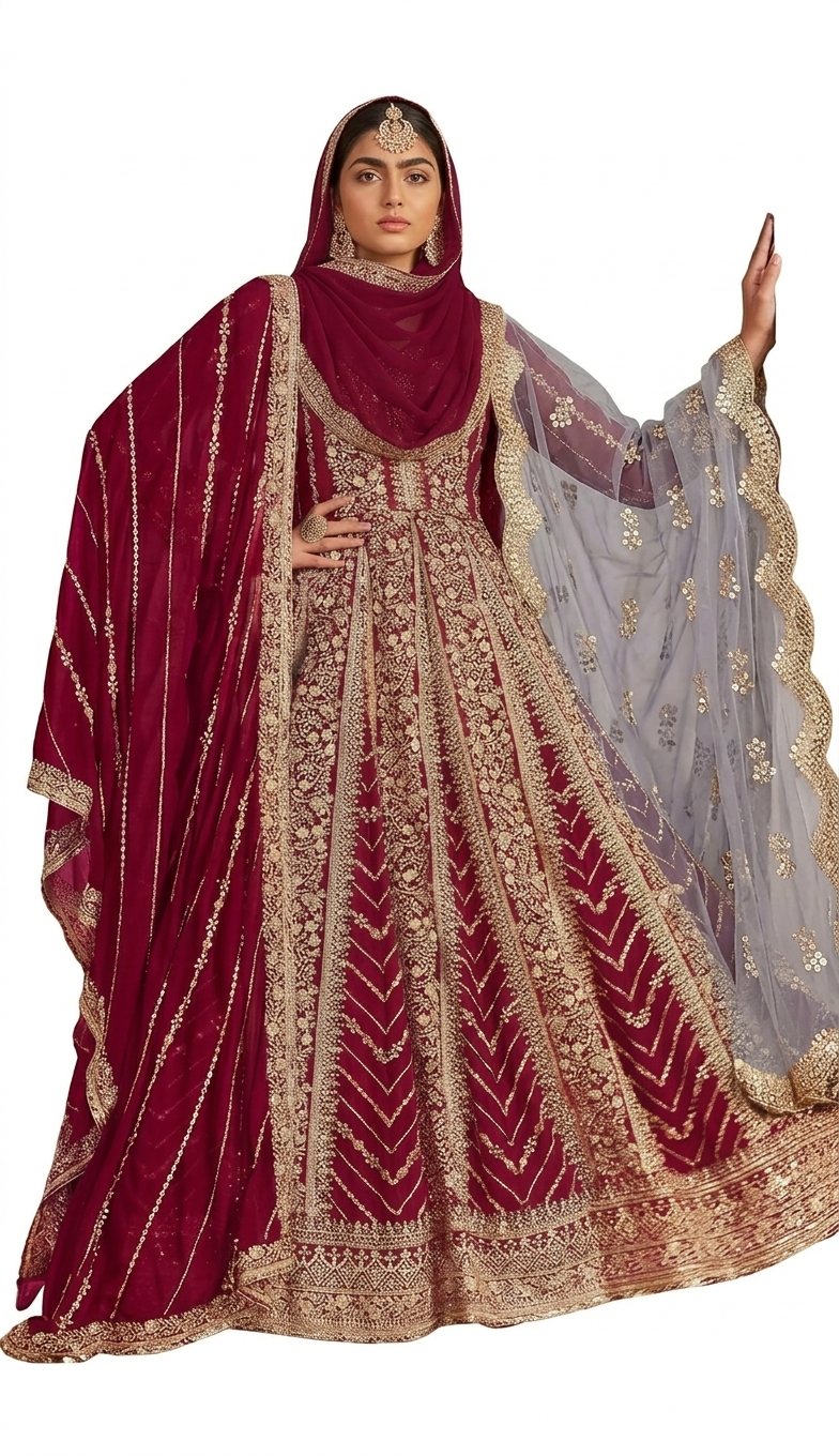Red Wine Muslim Wedding Dress with Hijab