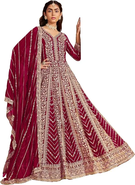 Red Wine Muslim Wedding Dress - Red Elegant