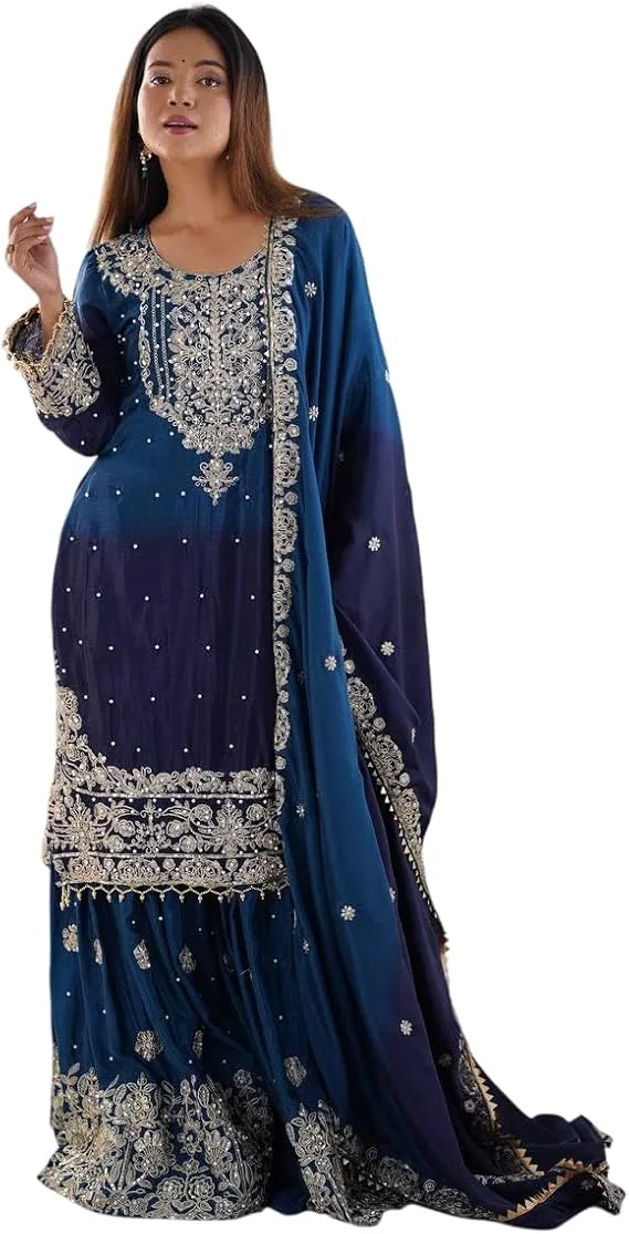 Blue Ombre Chinon Silk Sharara - Blue Modern