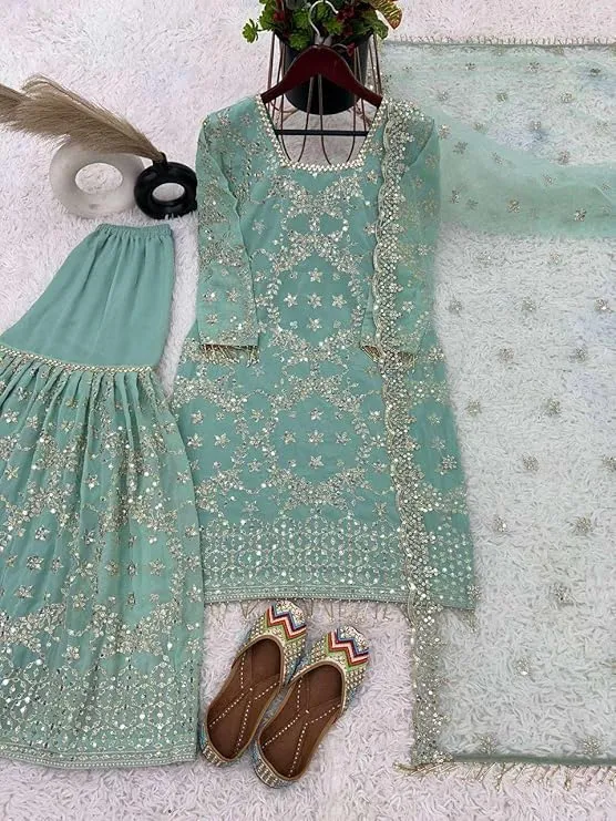 Light Blue Embroidered Gharara