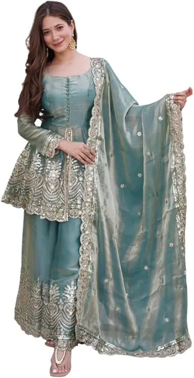 Light Blue and Silver Sharara - Blue Modern