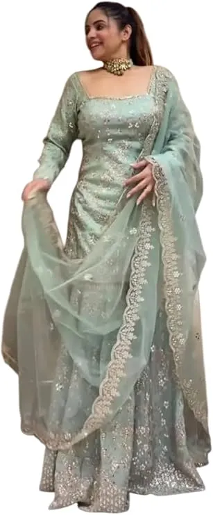 Light Blue Embroidered Sharara - Blue Modern