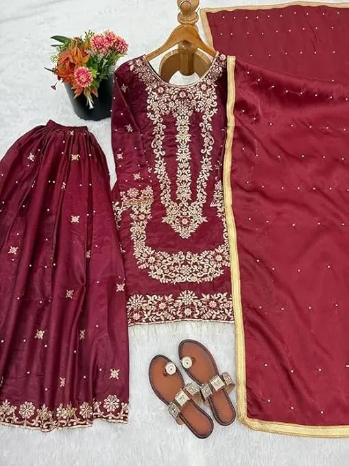 Maroon Silk Sharara Set