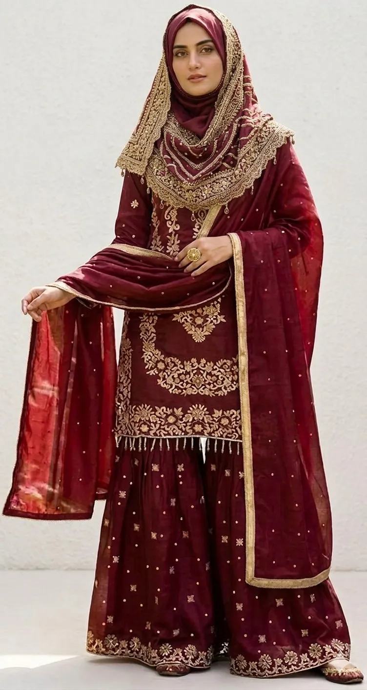 Maroon Silk Sharara Set