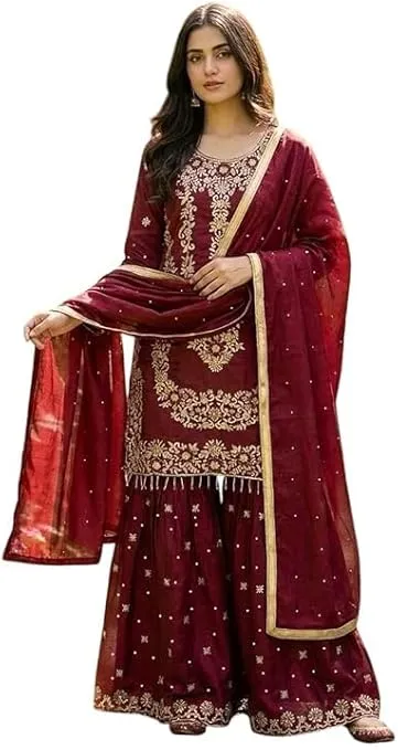 Maroon Silk Sharara Set - Red Modern