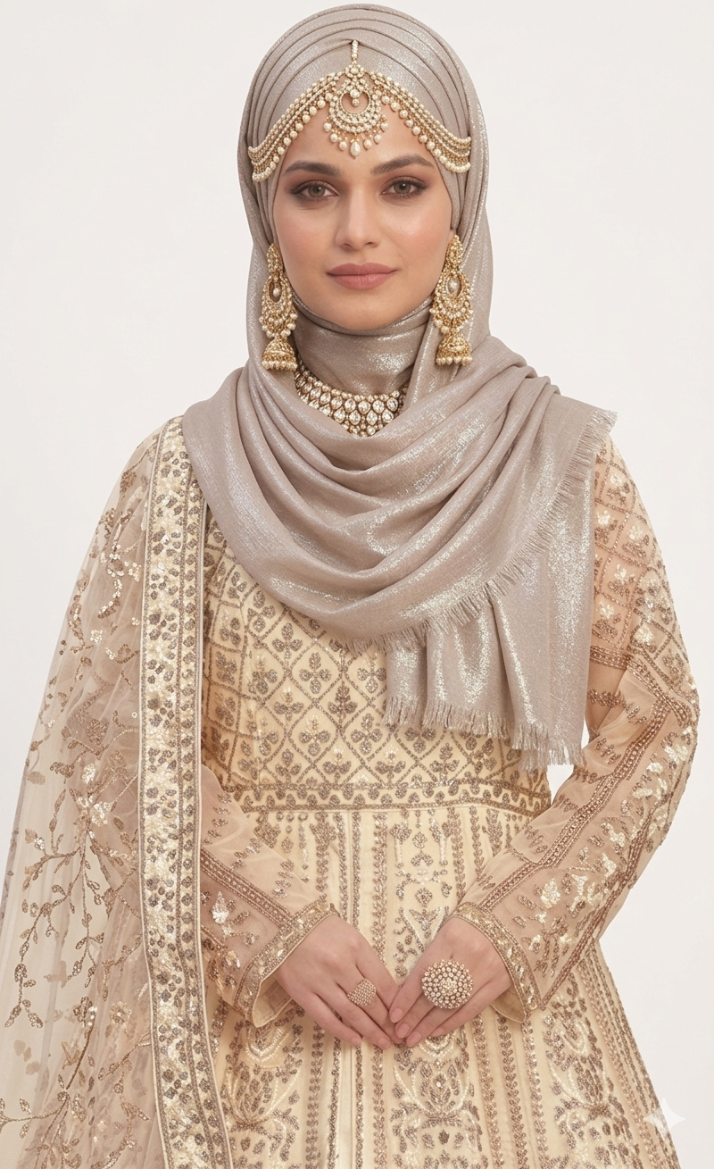 White Muslim wedding dress with hijab in champagne and nikkah jewelry — a classic choice for American Muslim weddings in 2026