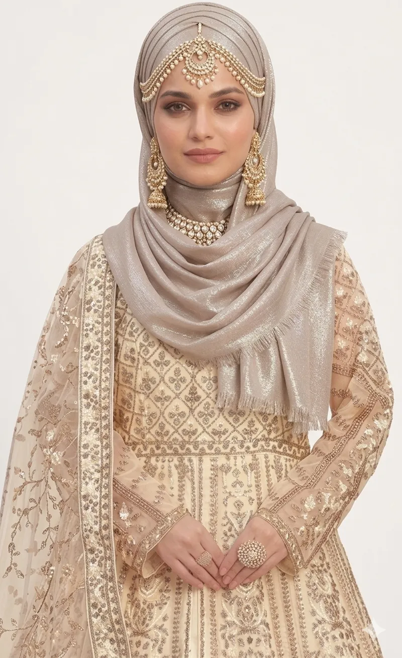 White Muslim wedding dresses with hijab added with AI-visualization. Fully embroidered with beadwork and mirrors — modest Islamic bridal gown